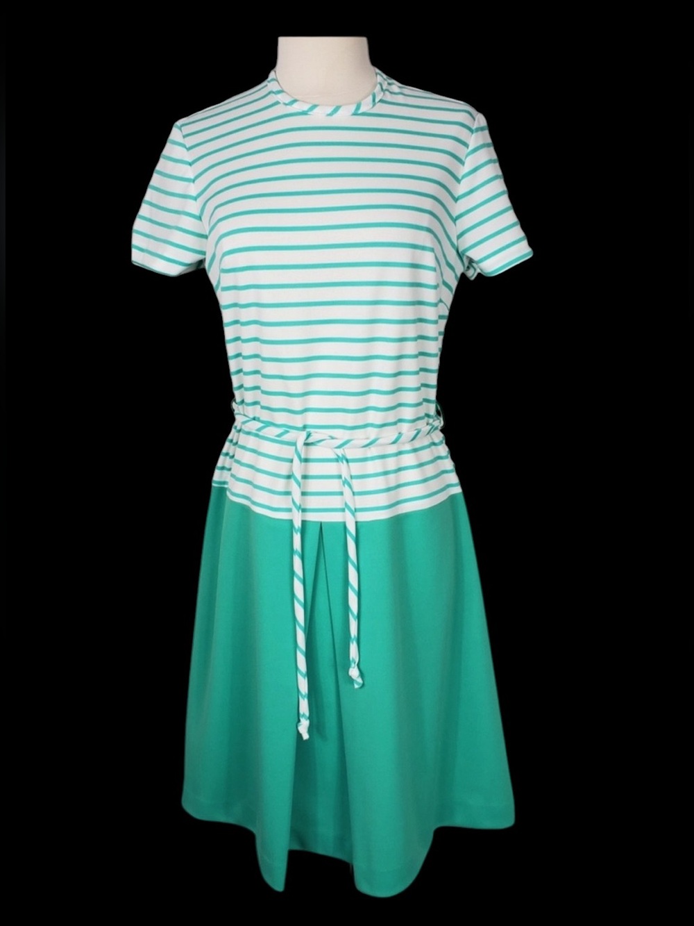 1970s Unlabeled Green & White Polyester Dress